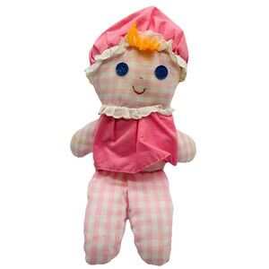 Vintage Fisher Price 1975 Lolly Dolly Plush Doll Pink Check Gingham Rattle 12”